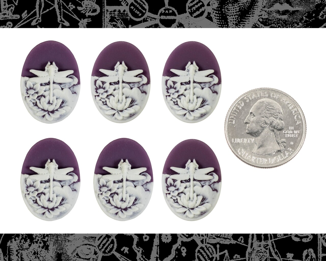 Purple and White Dragonfly Cameos 24mm x 18mm Cameos - Set of Six - CAM285